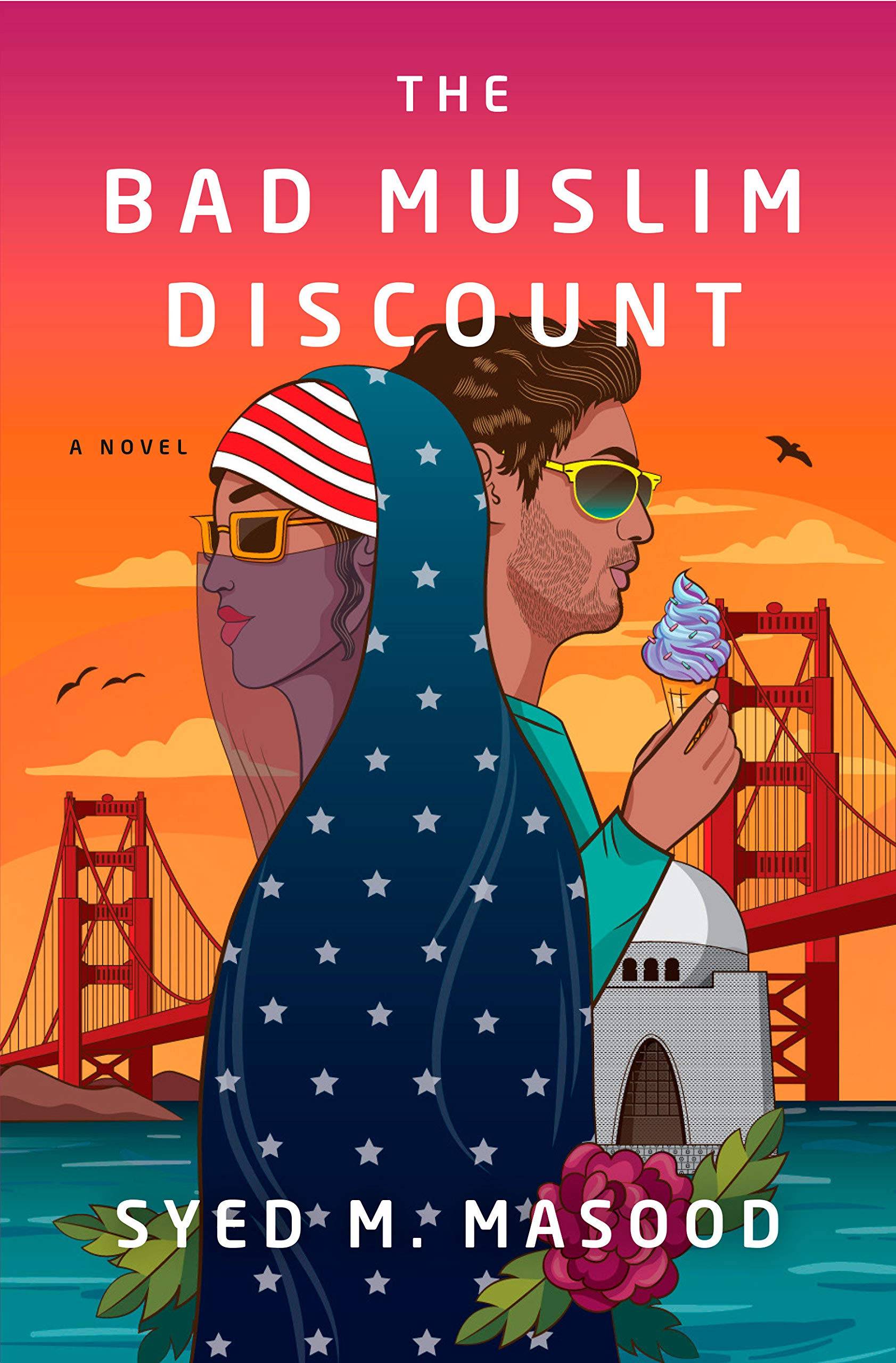 Book cover with two figures looking away from each other, one wearing an American flag hijab and the other wearing sunglasses and holding an ice cream cone